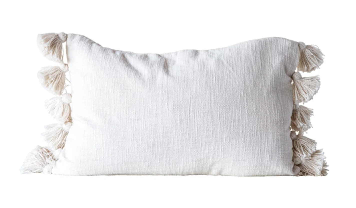 WOVEN COTTON SLUB LUMBAR PILLOW WITH TASSELS 24"X16"